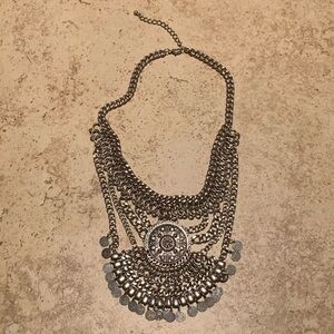Silver Multi-Chain Layered Medallion Boho Dangle Necklace